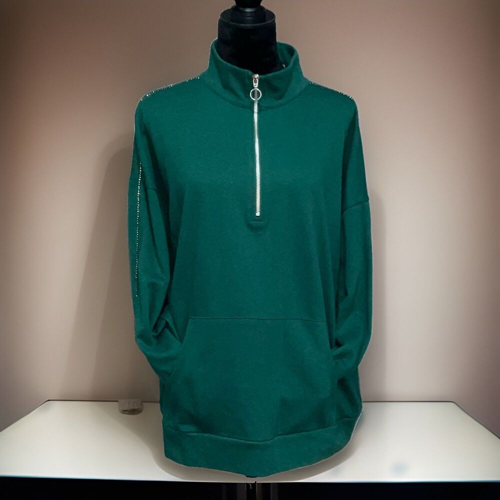 Lifestyle Green Women’s Sweatshirt Rhinestone Trim Along The Sleeves Size L